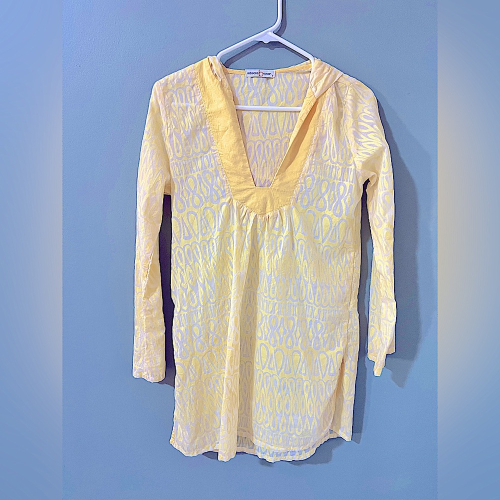 Rebecca Beeson yellow and white tunic swim cover up with hood size small